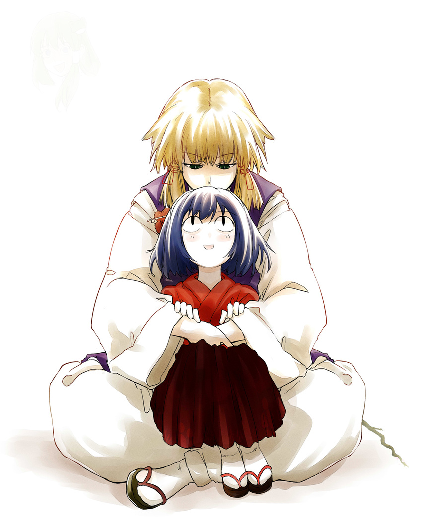 bonkara_(sokuseki_maou) child crossed_legs highres hug hug_from_behind japanese_clothes kochiya_sanae looking_up moriya_suwako multiple_girls older open_mouth role_reversal sandals serious sitting sitting_on_lap sitting_on_person smile snake-eyed_kanako touhou when_you_see_it yasaka_kanako younger