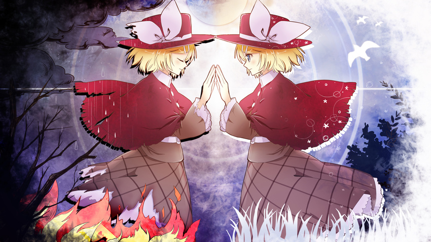bad_id bad_pixiv_id bare_tree bird blonde_hair blue_eyes capelet closed_eyes cloud dark_clouds dress dual_persona fire hair_ornament hairclip hands_together hat highres kagamine_rin multiple_girls profile shiramori_yuse symmetry tree vocaloid water_drop