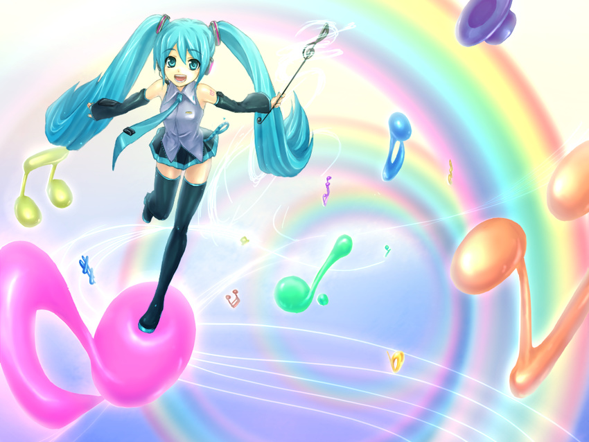 :d aqua_eyes aqua_hair boots detached_sleeves hatsune_miku headset long_hair musical_note necktie open_mouth rainbow skirt smile solo thigh_boots thighhighs touji twintails very_long_hair vocaloid