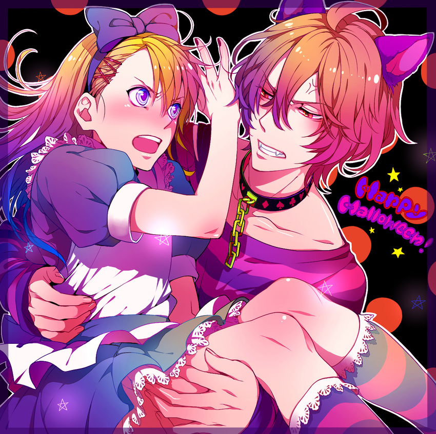 alice_(wonderland) alice_(wonderland)_(cosplay) alice_in_wonderland anger_vein animal_ears bad_id bad_pixiv_id blonde_hair blue_eyes blush bow carrying cat_ears catboy chain cheshire_cat cheshire_cat_(cosplay) collar cosplay crossdressing dress fangs hair_bow halloween highres kazari_tayu kurusu_shou long_hair male_focus multiple_boys open_mouth otoko_no_ko red_eyes shinomiya_satsuki uta_no_prince-sama