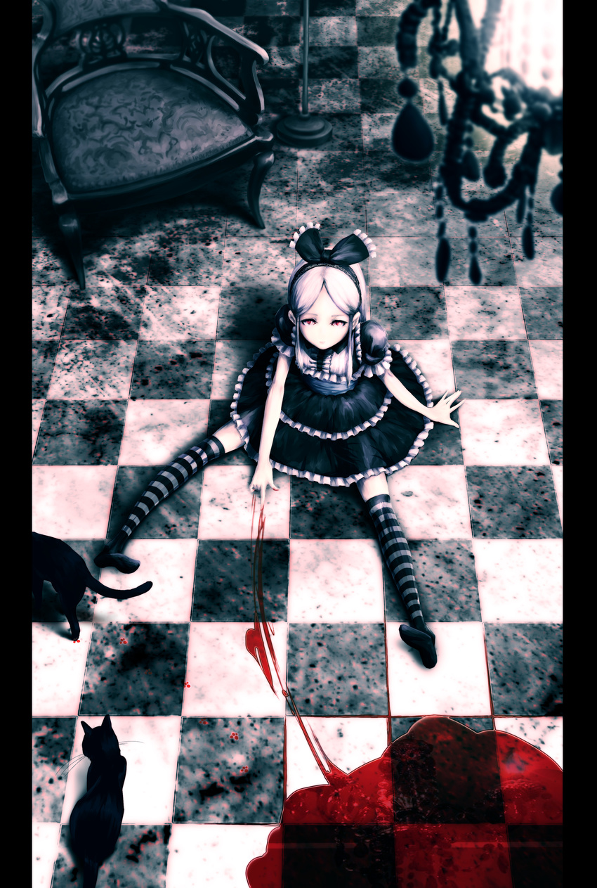 absurdres blood blurry cat chair checkered checkered_floor depth_of_field floor from_above gothic_lolita highres lamp lolita_fashion mubouou_aasaa oekaki_musume original sitting solo