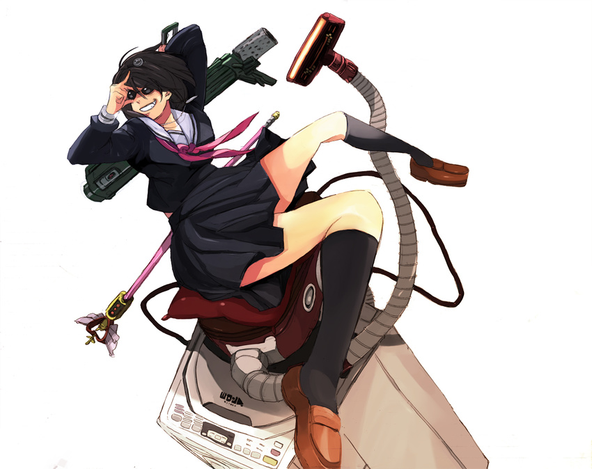 asano4124 black_hair black_legwear grin gun kneehighs original school_uniform serafuku short_hair simple_background smile solo staff sunglasses vacuum_cleaner washing_machine weapon