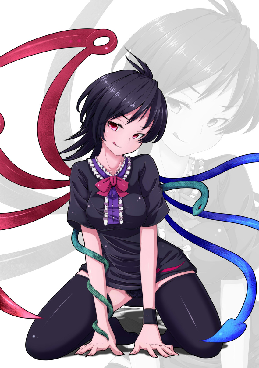 :q absurdres asymmetrical_wings black_hair black_legwear black_panties highres houjuu_nue jpeg_artifacts kneeling lace lace-trimmed_panties licking_lips naughty_face nikka_(cryptomeria) panties red_eyes short_hair snake solo thighhighs tongue tongue_out touhou underwear wings zoom_layer