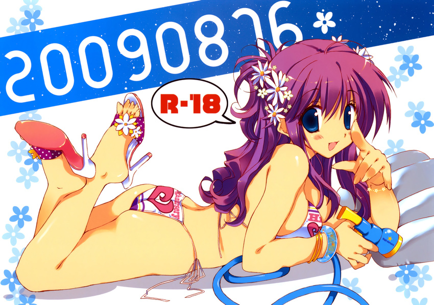 arm_support ass bikini blue_eyes bracelet high_heels highres hose hose_nozzle jewelry lying on_stomach open_mouth original pointing purple_hair sandals shoes side-tie_bikini smile solo swimsuit takanae_kyourin