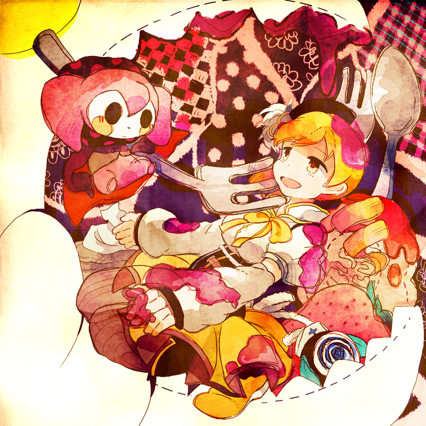bad_id bad_pixiv_id beret blonde_hair bowl charlotte_(madoka_magica) detached_sleeves drill_hair food fork fruit hair_ornament hat highres magical_girl mahou_shoujo_madoka_magica mocha_(mokaapolka) open_mouth pleated_skirt puffy_sleeves skirt smile spoon strawberry syrup thighhighs tomoe_mami witch's_labyrinth yellow_eyes