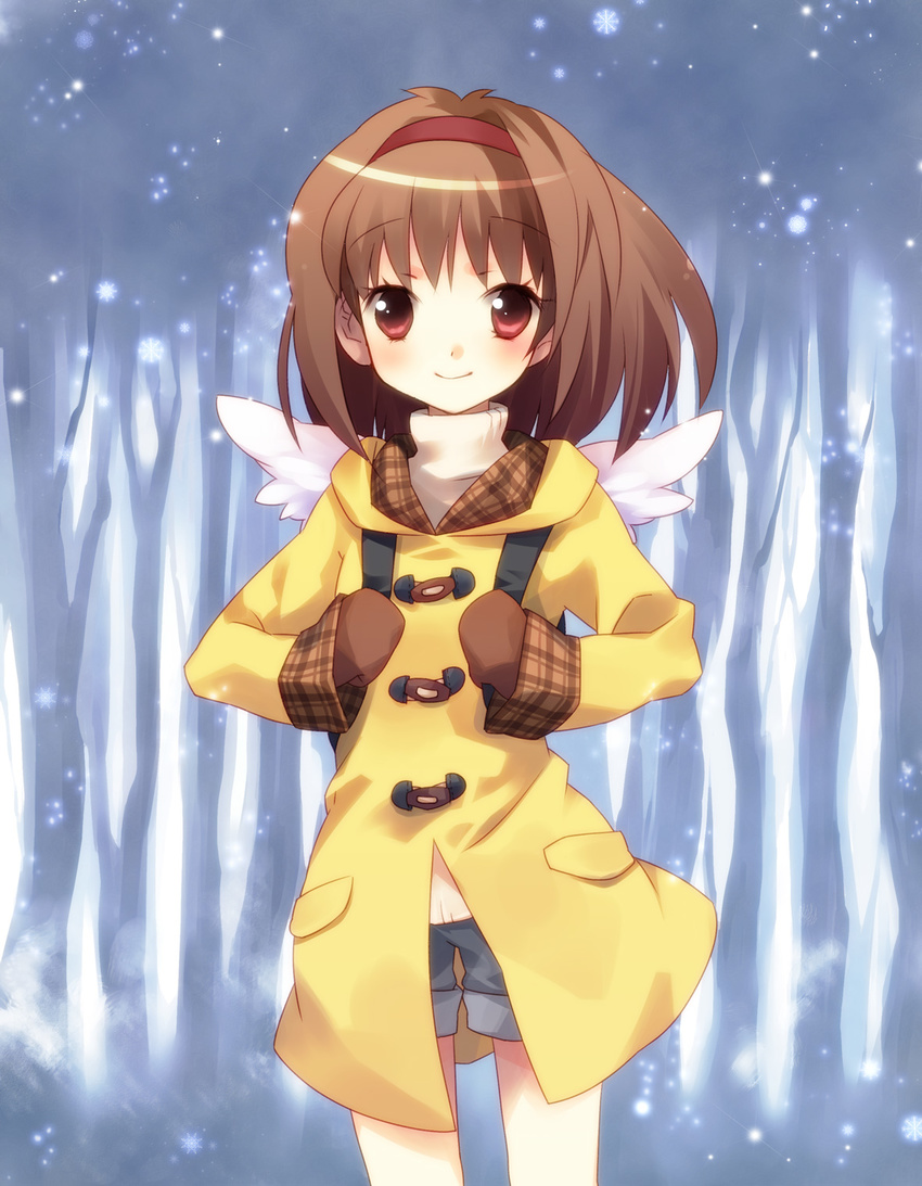 backpack bad_id bad_pixiv_id bag brown_hair ech gloves highres jacket kanon red_eyes smile snow solo tsukimiya_ayu winged_backpack wings