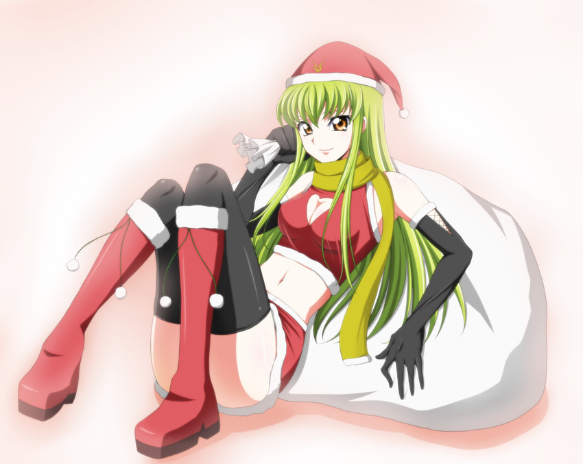 bad_id bad_pixiv_id black_gloves black_legwear boots breasts c.c. ccllsaikou cleavage cleavage_cutout code_geass full_body gloves green_hair green_scarf hat heart_cutout knee_boots long_hair medium_breasts pink_background red_footwear red_skirt santa_boots santa_costume santa_hat scarf simple_background skirt solo thighhighs yellow_eyes