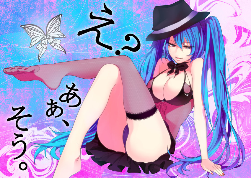 arm_support blue_hair bow bowtie breasts bug butterfly chemise cleavage crossed_legs eh?_ah_sou_(vocaloid) fedora feet hat hatsune_miku insect jewelry lace lace-trimmed_thighhighs large_breasts legs long_hair nail_polish naughty_face no_shoes open_mouth panties pantyshot pantyshot_(sitting) purple_panties red_eyes see-through single_thighhigh sitting skirt smile solo suko_mugi thighhighs twintails underwear very_long_hair vocaloid