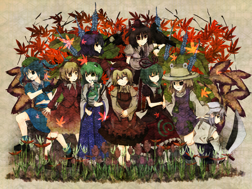 aki_minoriko aki_shizuha autumn bad_id bad_pixiv_id kagiyama_hina kawashiro_nitori kochiya_sanae moriya_suwako mountain_of_faith multiple_girls shameimaru_aya tokoroten_(hmmuk) touhou yasaka_kanako