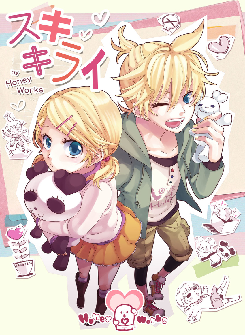 1girl blonde_hair blue_eyes cover cover_page hair_ornament hairpin highres hug kagamine_len kagamine_rin one_eye_closed panda ponytail shirt stuffed_toy suki_kirai_(vocaloid) twintails vocaloid white_shirt yamako_(state_of_children)