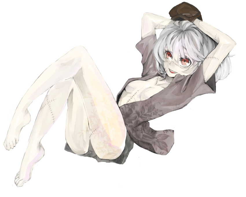 albino arms_behind_head breasts crossed_legs floral_print grey_hair jacket kijima_nikki lying miika open_clothes open_jacket pale_skin red_eyes scar simple_background small_breasts smile solo stitches thighs tsuki_(kijima_nikki) white_hair