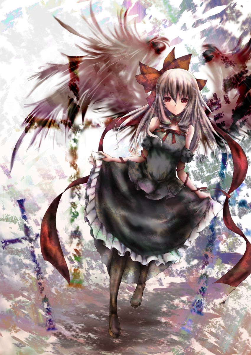 absurdres akina_t bad_id bad_pixiv_id bare_shoulders bow brown_hair curtsey hair_bow highres long_hair original red_eyes ribbon skirt solo wings