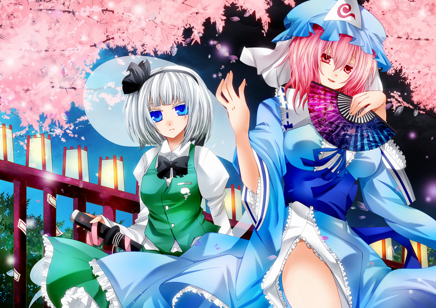 akatsuki_yakyou blue_eyes blush breasts candle cherry_blossoms fan folding_fan ghost hairband hat highres hitodama japanese_clothes katana konpaku_youmu konpaku_youmu_(ghost) large_breasts medium_breasts multiple_girls petals pink_eyes pink_hair saigyouji_yuyuko short_hair silver_hair sword touhou triangular_headpiece vest weapon