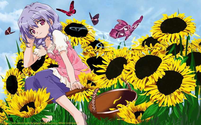 butterfly flowers herikawa_koishi onegai_teacher purple_hair sunflower