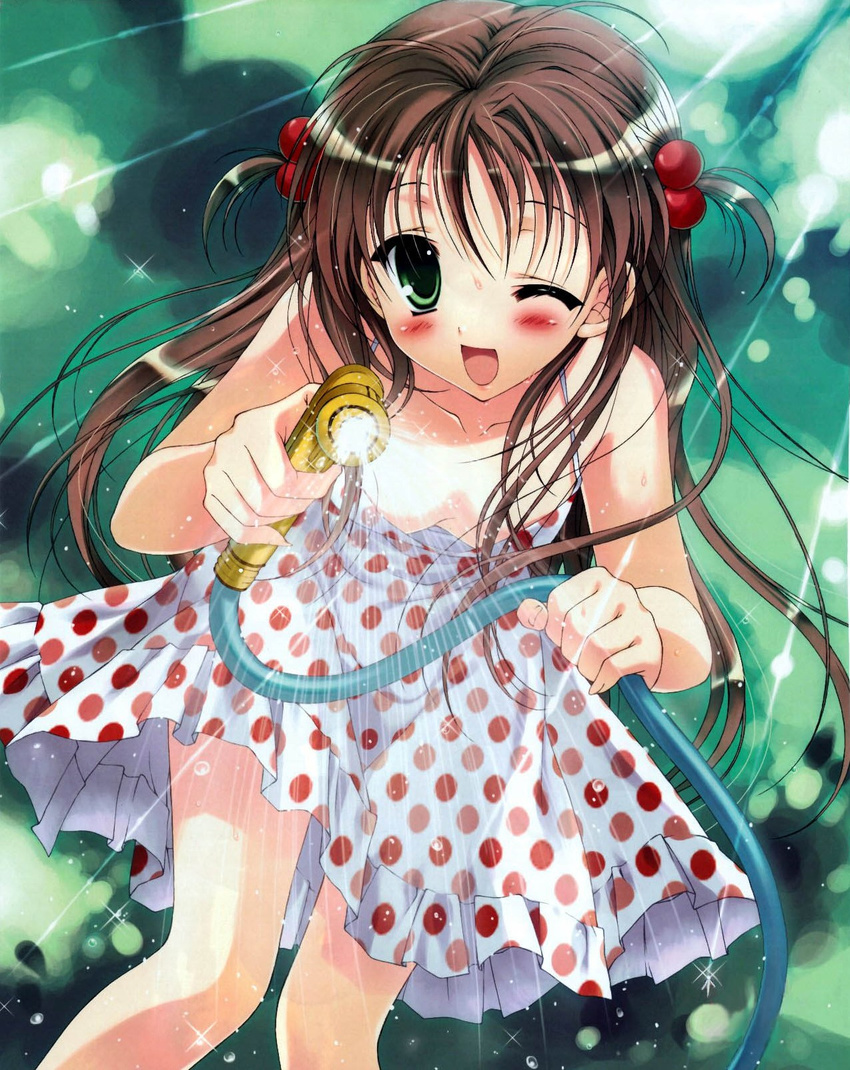 :d ;d blush breasts cleavage copyright_request downblouse dress green_eyes hair_bobbles hair_ornament highres hose medium_breasts one_eye_closed open_mouth polka_dot polka_dot_dress short_twintails smile solo sundress tanihara_natsuki twintails water wet wet_clothes