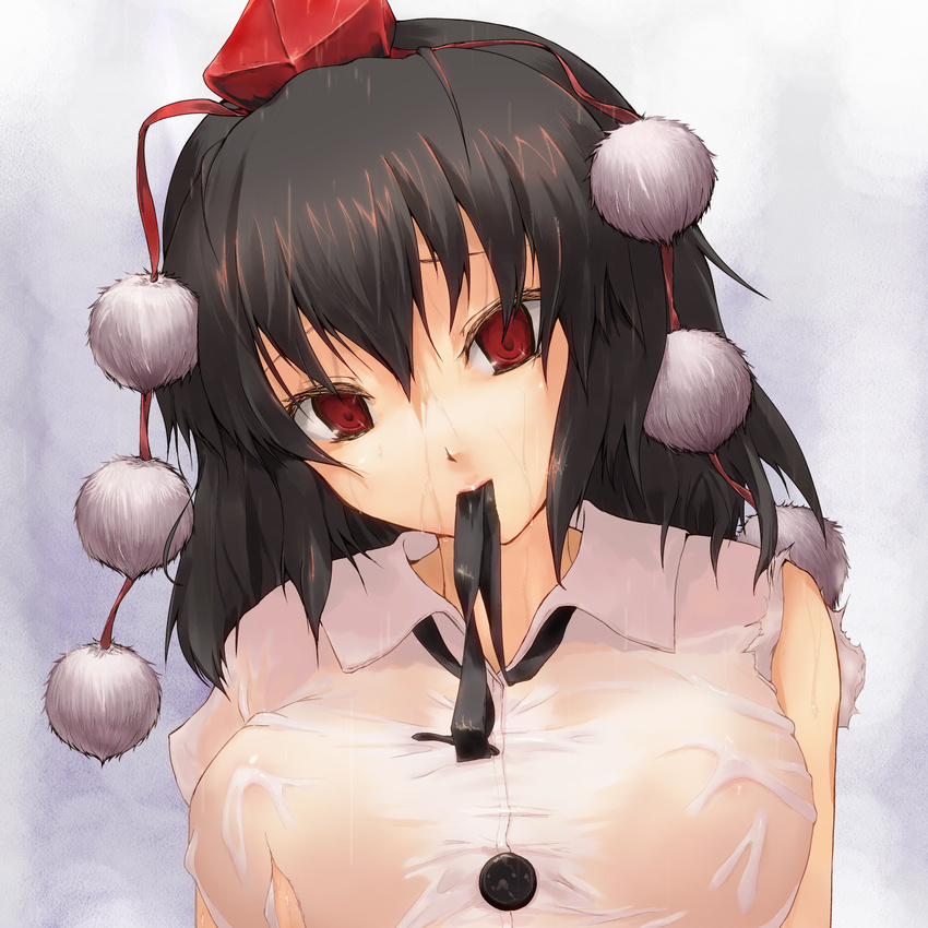 black_hair hat head_tilt highres kuku_px looking_at_viewer mouth_hold red_eyes shameimaru_aya short_hair solo tokin_hat torn_clothes touhou upper_body wet wet_clothes