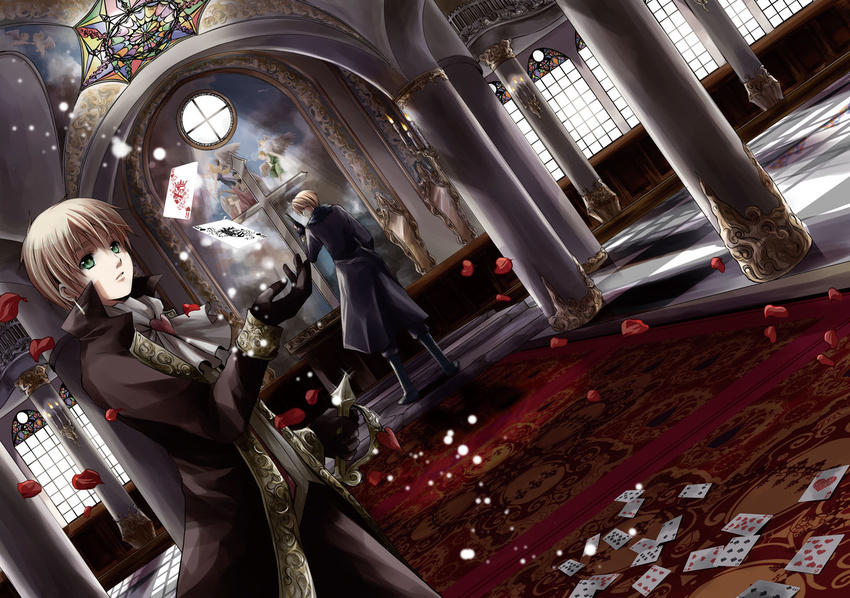 america_(hetalia) axis_powers_hetalia bad_id bad_pixiv_id blonde_hair card column cross dutch_angle floating_card from_behind gloves green_eyes gun highres indoors iroha_(shiki) light_particles looking_back lying_card multiple_boys petals pillar playing_card short_hair stained_glass sword united_kingdom_(hetalia) weapon