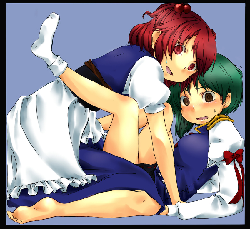 bad_id bad_pixiv_id barefoot between_legs blush brown_eyes caught embarrassed green_hair hair_bobbles hair_ornament kneeling leg_up multiple_girls no_hat no_headwear onozuka_komachi open_mouth red_eyes red_hair shiki_eiki short_hair siroooo skirt socks sweatdrop touhou yuri