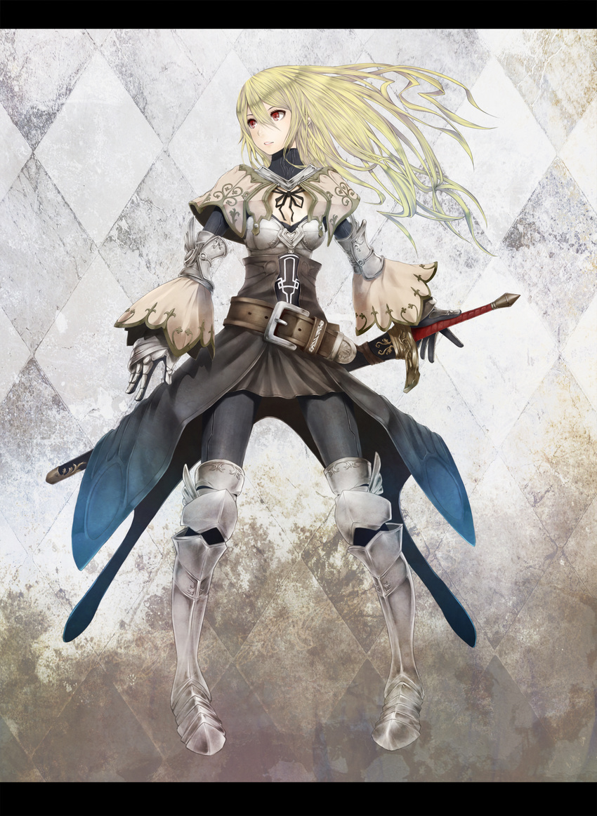 belt blonde_hair boots breasts cleavage cleavage_cutout detached_sleeves gauntlets greaves highres letterboxed long_hair medium_breasts niou_kaoru pixiv_fantasia pixiv_fantasia_5 red_eyes solo sword thigh_boots thighhighs weapon