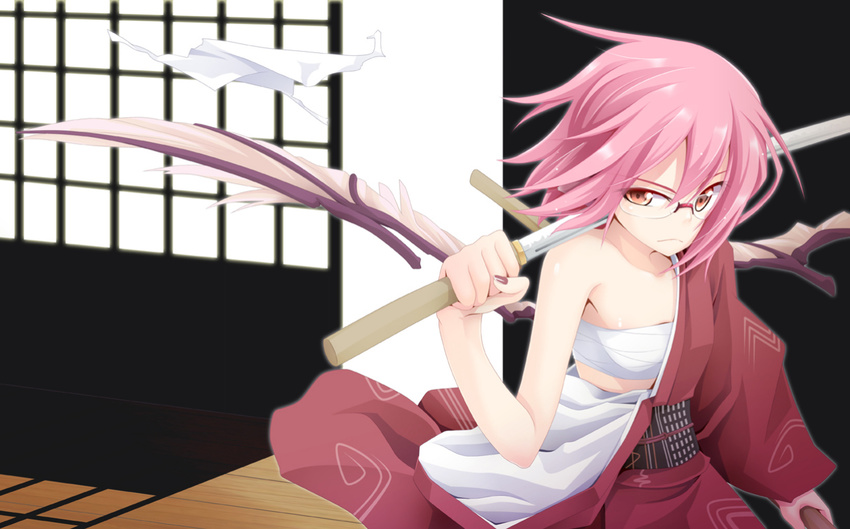 glasses ichiju japanese_clothes katana kimono mystia_lorelei pink_hair sword touhou weapon wings