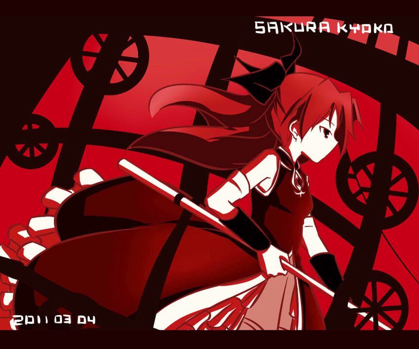 bad_id bad_pixiv_id bow detached_sleeves hair_bow long_hair magical_girl mahou_shoujo_madoka_magica nishigyou_teraa polearm ponytail red_hair sakura_kyouko solo spear weapon