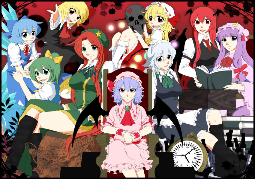 :d apron aqua_eyes arm_garter ascot bangs bat_wings blonde_hair blue_dress blue_eyes blue_hair blunt_bangs book book_stack boots bow braid breasts brooch capelet chair china_dress chinese_clothes cirno clock crescent daiyousei dragon dress dress_shirt fairy_wings fang flandre_scarlet frills green_hair grin hair_bow hair_ribbon hands_on_lap hat hat_bow hat_ribbon head_wings heart highres hime_cut hong_meiling izayoi_sakuya jewelry knife koakuma light_smile long_hair long_sleeves maid maid_headdress medium_breasts multiple_girls necktie neko_majin open_book open_mouth outstretched_arm patchouli_knowledge pocket_watch purple_dress purple_eyes purple_hair reading red_eyes red_hair remilia_scarlet ribbon rumia shirt short_hair short_sleeves side_braid side_ponytail side_slit sidelocks silver_hair sitting skirt skirt_set skull small_breasts smile socks star striped striped_dress the_embodiment_of_scarlet_devil touhou tress_ribbon twin_braids vertical_stripes very_long_hair vest waist_apron watch white_shirt wings