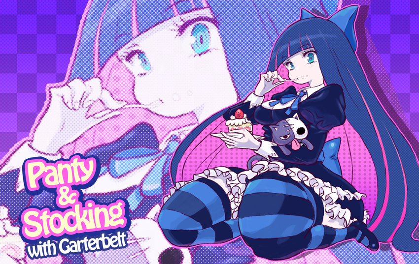 cake eating food highres multicolored_hair panty_&amp;_stocking_with_garterbelt solo stocking_(psg) striped striped_legwear thick_thighs thighhighs thighs two-tone_hair yuuki_(studio_cobu) zoom_layer