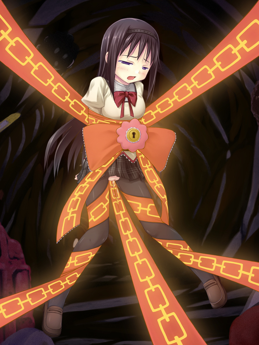 akemi_homura atsushima_you bdsm black_hair bondage bound crotch_ribbon highres keyhole long_hair mahou_shoujo_madoka_magica mitakihara_school_uniform pantyhose pussy pussy_juice ribbon school_uniform solo torn_clothes torn_legwear uncensored