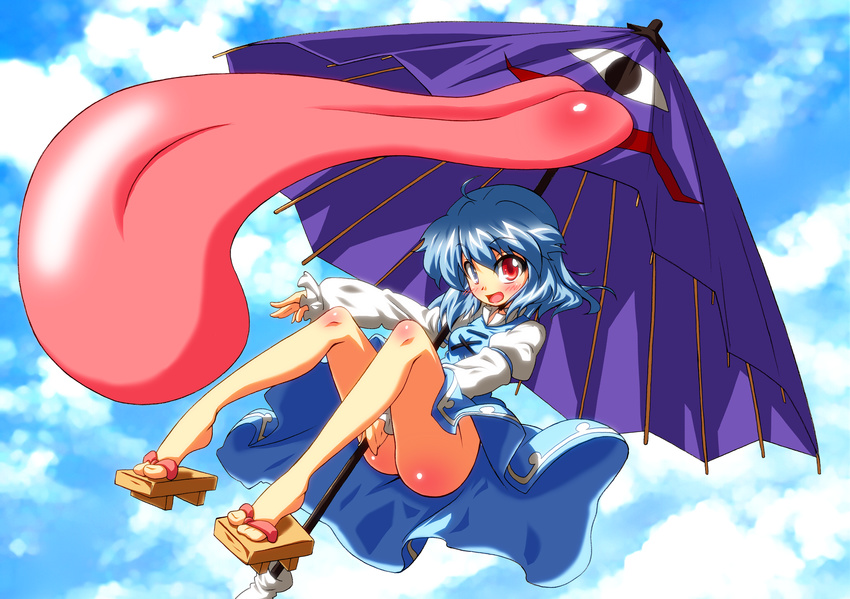 blue_eyes blue_hair full_body geta heterochromia highres karakasa_obake madare-rin no_panties oriental_umbrella purple_umbrella red_eyes short_hair solo tatara_kogasa tongue touhou umbrella