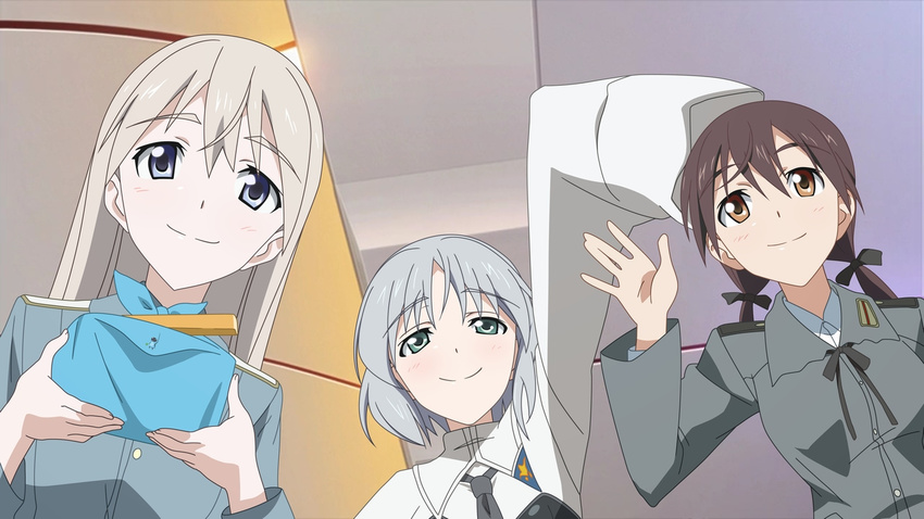 artist_request blonde_hair blue_eyes brown_hair eila_ilmatar_juutilainen gertrud_barkhorn green_eyes infinite_stratos kadowaki_mai long_hair multiple_girls necktie obentou sanya_v_litvyak seiyuu_connection short_hair silver_hair smile strike_witches twintails uniform world_witches_series