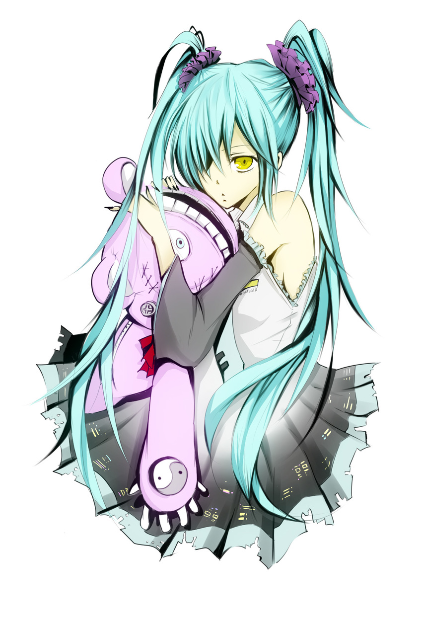 aqua_hair bare_shoulders dasshi detached_sleeves hair_over_one_eye hatsune_miku highres long_hair necktie scrunchie simple_background skirt solo stuffed_animal stuffed_toy tsumi_to_batsu_(vocaloid) twintails vocaloid yellow_eyes