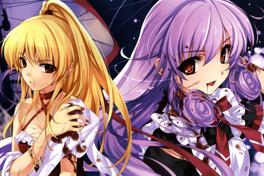 absurdres armlet blonde_hair blood boku_to_kanojo_ni_furu_yoru brown_eyes elizabeth_sophie_gino_klein fingernails halterneck highres injury iris_maria_herbust jewelry long_hair maid misaki_kurehito multiple_girls nail_polish ponytail purple_hair red_eyes ring smile