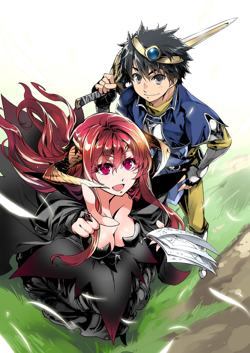 1girl armor black_dress black_hair breasts cleavage demon_girl dress from_above highres horns ishida_akira jewelry long_hair looking_up maou_(maoyuu) maoyuu_maou_yuusha medium_breasts pointing red_eyes red_hair ring slit_pupils sword weapon wind yuusha_(maoyuu)