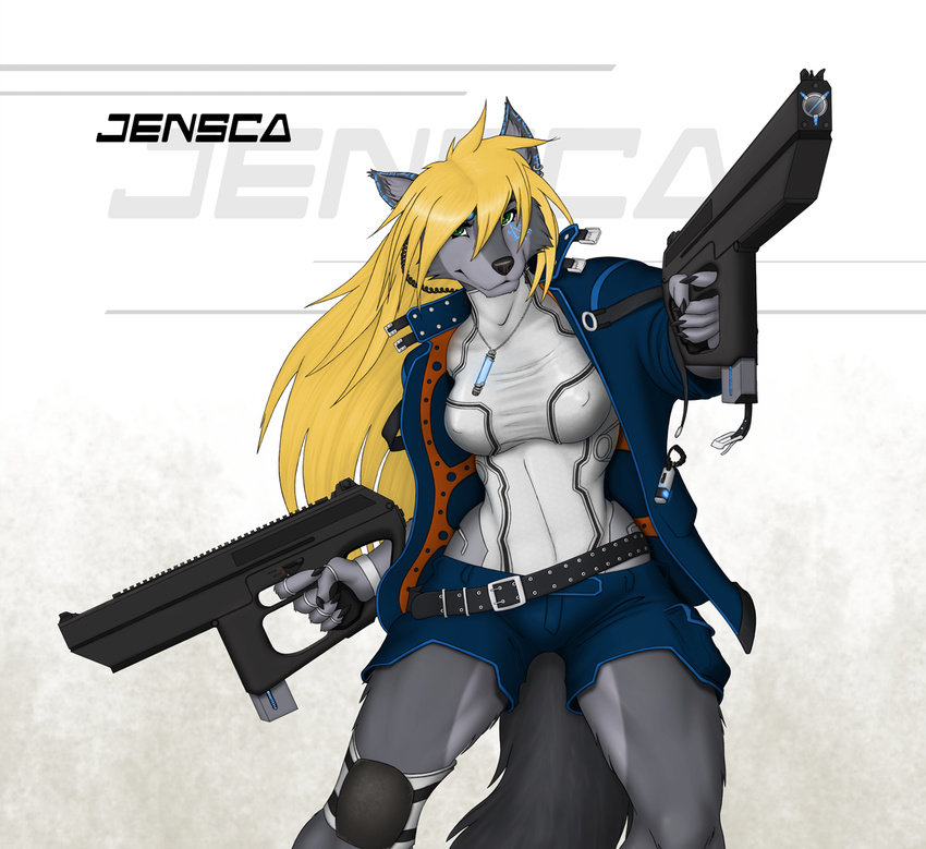 blonde_hair breasts canine clothed clothing dual_wield ear_piercing eyewear female goggles green_eyes gun hair jacket jensca long_hair looking_at_viewer mammal markings piercing plain_background ranged_weapon shorts slowfag solo strype tail tomboy weapon white_background wolf