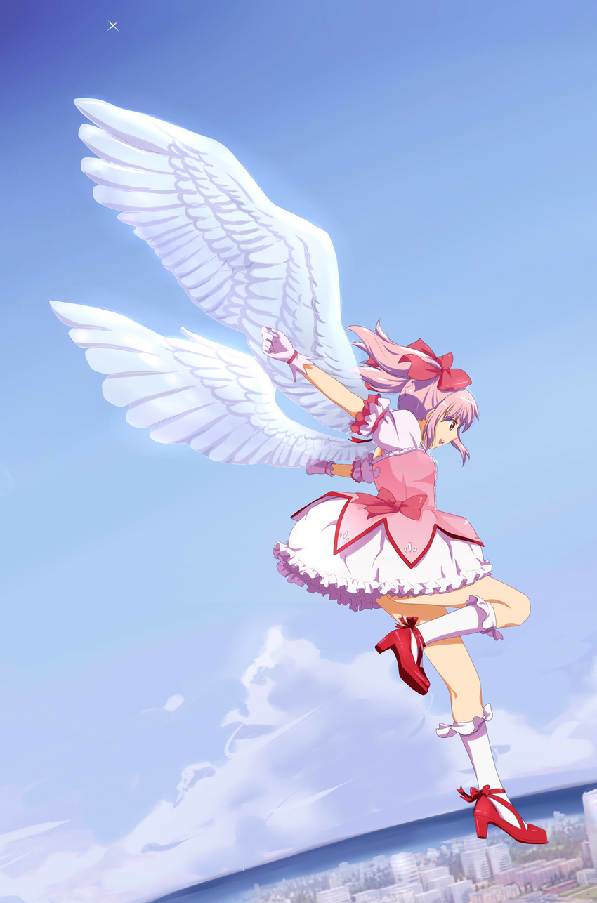 absurdres angel_wings bad_id bad_pixiv_id bow bubble_skirt cityscape cloud day dress flying gloves hair_bow high_heels highres kaname_madoka magical_girl mahou_shoujo_madoka_magica misu_kasumi ocean open_mouth pink_eyes pink_hair ribbon shoe_ribbon shoes short_hair short_twintails skirt sky solo twintails wings