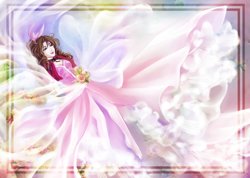 aerith_gainsborough bad_id bad_pixiv_id barefoot braid brown_hair choker cropped_jacket dress final_fantasy final_fantasy_vii flower gennya green_eyes hair_ribbon long_hair pink_dress ponytail ribbon single_braid solo