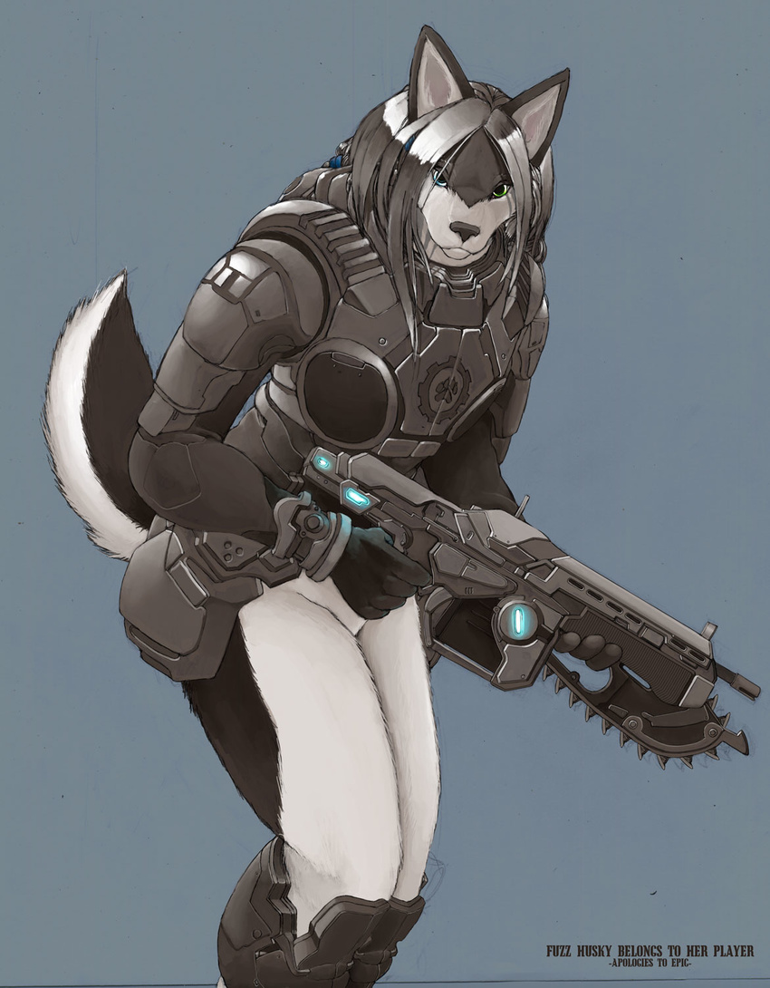 armor bottomless canine dog female fuzzhusky gears_of_war heterochromia husky pira solo unconvincing_armour weapon