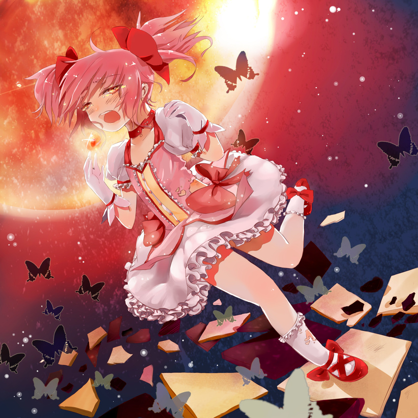 bug butterfly hair_ribbon highres insect kaname_madoka magical_girl mahou_shoujo_madoka_magica pink_eyes pink_hair ribbon shoes short_hair solo space tears twintails zeizei