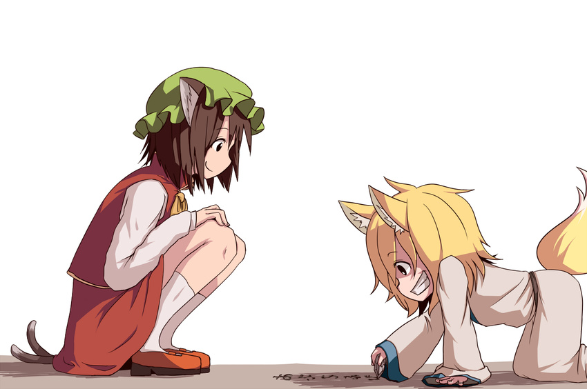animal_ears blonde_hair brown_eyes brown_hair cat_ears cat_tail chen child epurasu fox_ears fox_tail grin hands_on_own_knees multiple_girls profile role_reversal simple_background smile squatting tail touhou yakumo_ran younger