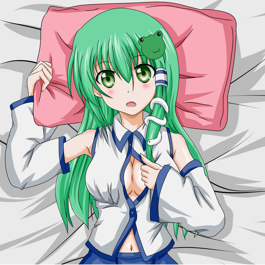 bare_shoulders blush breasts cleavage detached_sleeves frog frog_hair_ornament green_eyes green_hair hair_ornament hair_tubes highres kochiya_sanae long_hair looking_at_viewer lying medium_breasts midriff navel on_back open_clothes open_mouth open_shirt pillow shirt skirt snake solo takumi_(rozen_garten) touhou