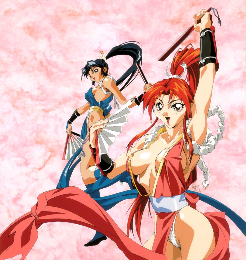 90s alternate_color arms_up blue_hair breasts dual_persona dual_wielding fatal_fury highres holding large_breasts long_hair official_art oobari_masami panties player_2 ponytail red_hair revealing_clothes shiranui_mai sideboob the_king_of_fighters thong underwear