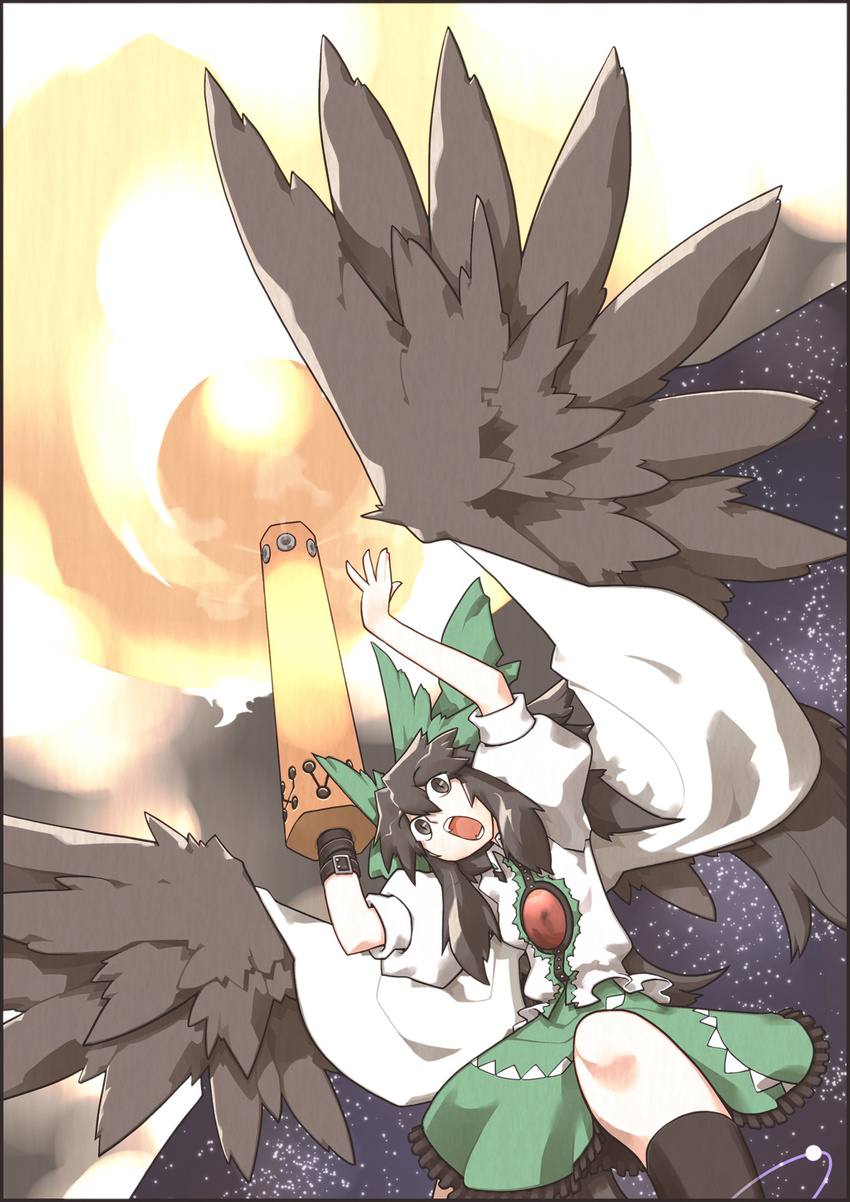 arm_cannon black_eyes black_hair bow cape firing hair_bow highres long_hair natsue open_mouth reiuji_utsuho solo touhou weapon wings