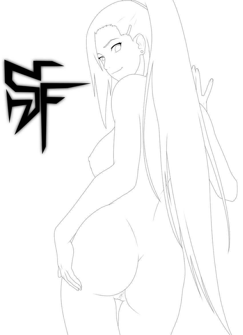 ass back highres lineart monochrome naked naruto nude pony_tail ponytail pussy smile stiky_finkaz uncensored watermark yamanaka_ino