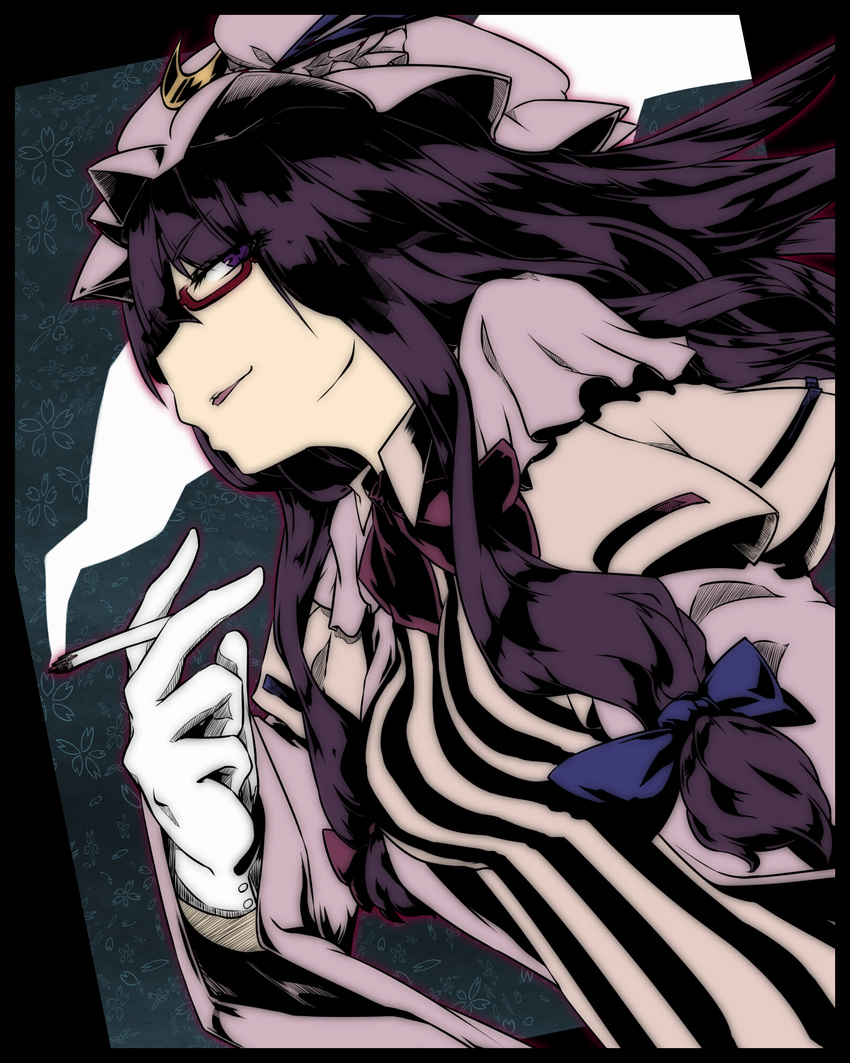 bespectacled border cigarette diract glasses gloves hat highres long_hair patchouli_knowledge profile purple_eyes purple_hair smoking solo touhou