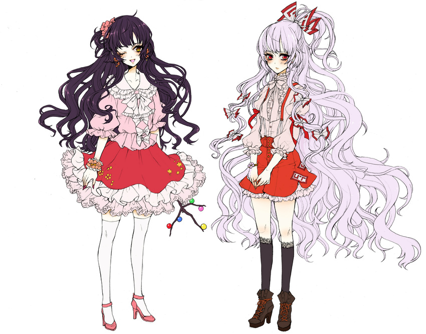 absurdres adapted_costume bad_id bad_pixiv_id black_hair black_legwear bow bracelet branch dress earrings flower fujiwara_no_mokou hair_bow hair_flower hair_ornament high_heels highres houraisan_kaguya jeweled_branch_of_hourai jewelry long_hair multiple_girls nail_polish one_eye_closed open_mouth petticoat red_hair shoes short_sleeves socks thighhighs touhou very_long_hair white_hair white_legwear wrist_cuffs yellow_eyes yutsumoe