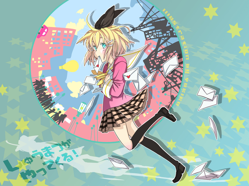 aqua_eyes bad_id bad_pixiv_id black_legwear blonde_hair car envelope ground_vehicle hair_ornament hair_ribbon hairclip highres kagamine_rin kneehighs letter love_letter motor_vehicle mouth_hold plaid ribbon school_uniform short_hair shuumatsu_ga_yattekuru!_(vocaloid) skirt socks solo vocaloid yukiko_(tesseract)