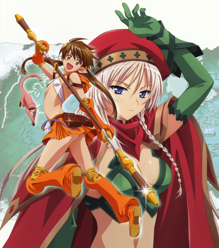absurdres alleyne_(queen's_blade) beret blonde_hair blue_eyes blush boots braid breasts brown_eyes brown_hair cape cleavage elbow_gloves elf flat_chest gloves hat highres long_hair medium_breasts midriff monkey multiple_girls nowa open_mouth pointy_ears queen's_blade ruu_(queen's_blade) side_braid skirt staff thigh_boots thighhighs twintails