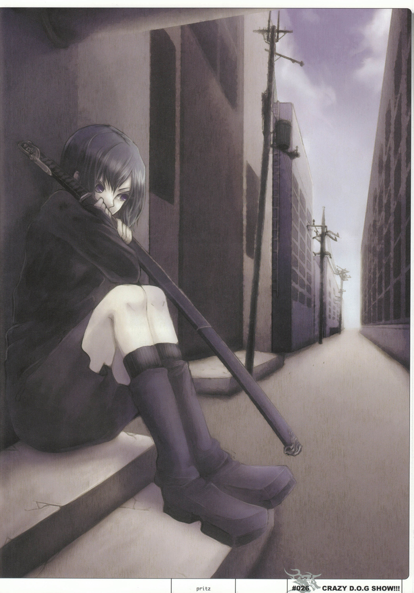 absurdres black_hair blue_eyes boots dogs:_bullets_&amp;_carnage fuyumine_naoto highres katana pritz scan scarf sitting solo sword weapon