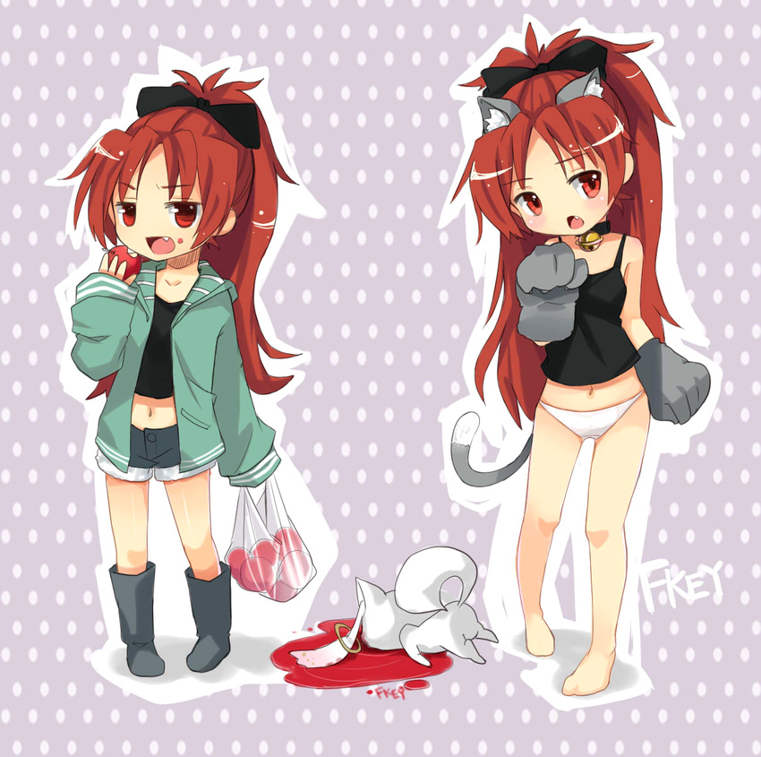 1girl animal_ears apple bag blood blush bow cat_ears cat_tail chibi death fang fkey food fruit hair_bow highres kyubey kyuubee long_hair magical_girl mahou_shoujo_madoka_magica navel open_mouth panties ponytail red_eyes red_hair sakura_kyouko shorts sleeves_past_wrists tail underwear white_panties zengxianxin