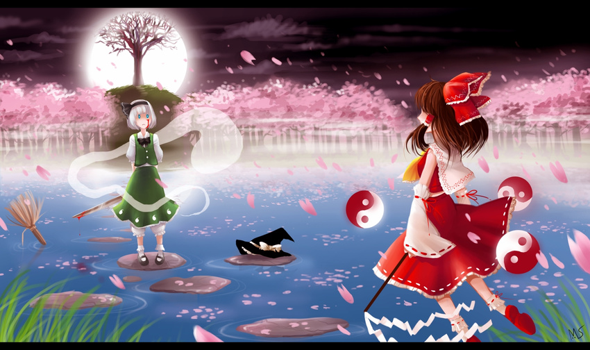 arms_behind_back ascot blood blood_on_face bloomers blue_eyes broom brown_hair cherry_blossoms detached_sleeves full_moon ghost gohei grass hakurei_reimu hat injury khibz konpaku_youmu konpaku_youmu_(ghost) letterboxed moon multiple_girls petals saigyou_ayakashi short_hair silver_hair touhou tree underwear vest water white_hair witch_hat yin_yang